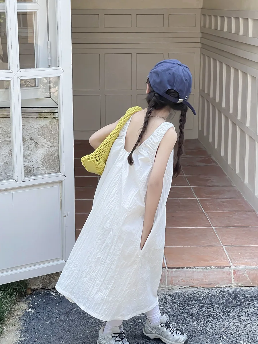 Children Clothing Girls French Style V-neck Design Sense Loose Sleeveless Dress Summer Backless Solid Color Sweet Girls Dress