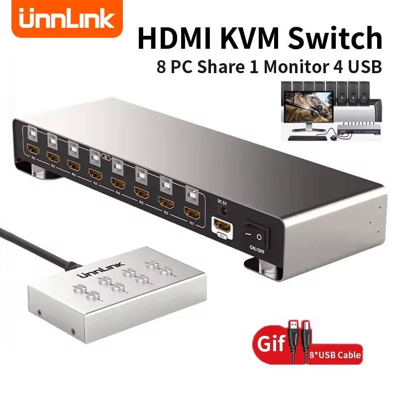 Unnlink 4K HDMI USB KVM สวิตช์8พอร์ต8อุปกรณ์แชร์1จอภาพ4 USB สำหรับเมาส์คีย์บอร์ดพร้อมตัวขยาย