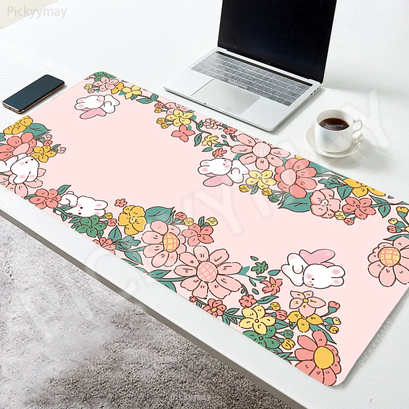 

Pink Locking Edge Mouse Mats Rubber Mouse Pad Cute Bunny Mousepads Gamer Mousepad Large Desk Pads Keyboard Mat Kawaii Flowers