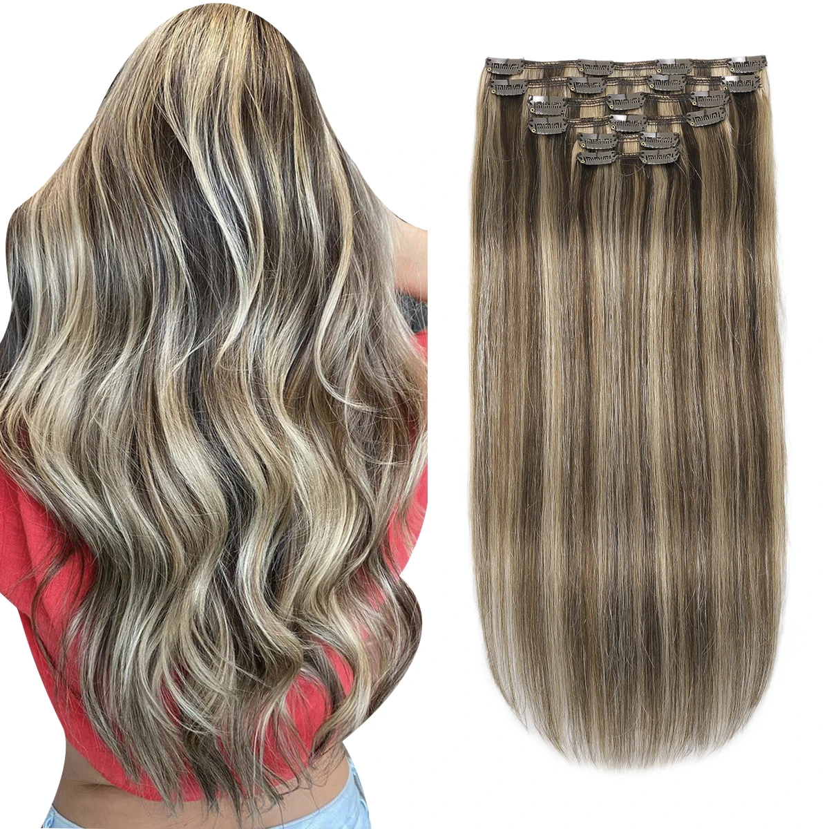 XDhair Clip in Hair Extensions Human Hair 120g 18 Inch Brown with Blonde Balayage Clip in Hair Extensions