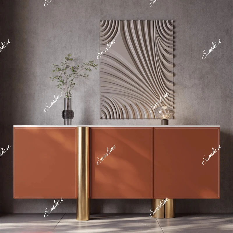 

Dining side, integrated against the wall, modern simplicity and light luxury, stainless steel rock slab, storage cabinet