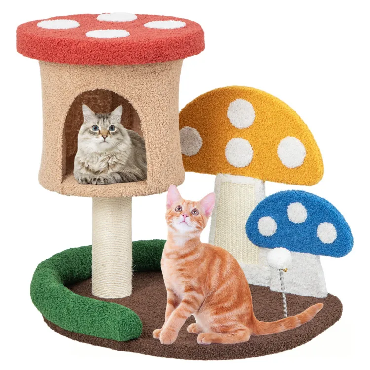 

Stable Wooden Structure Cartoon Mushroom Shaped Sisal Post Scratching Board Pet Cat Tree Toy 4-In-1 Cat Tree with Condo Platform