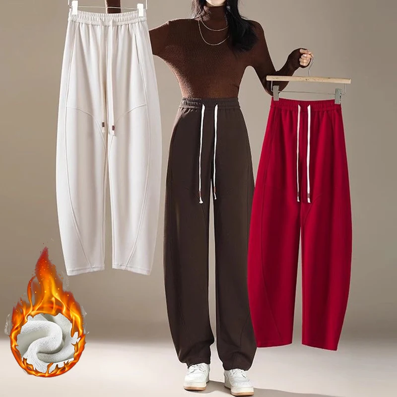 

Winter Girls Solid Fleece Thermal Sweatpants Women Classic Korean High Waist Plush Trousers Lady Snow Warm Casual Baggy Pants