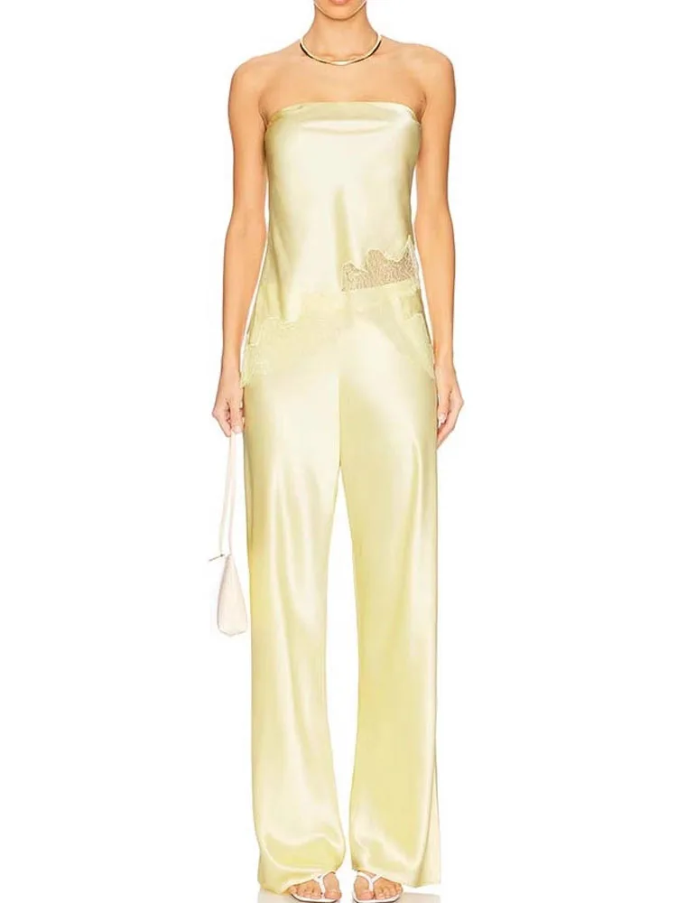 Women Sexy Sleeveless Solid Outfits Fashion Embroidery Patchwork Satin Solid 2Pc Suits Elegant Strapless Tops & Long Pant Sets