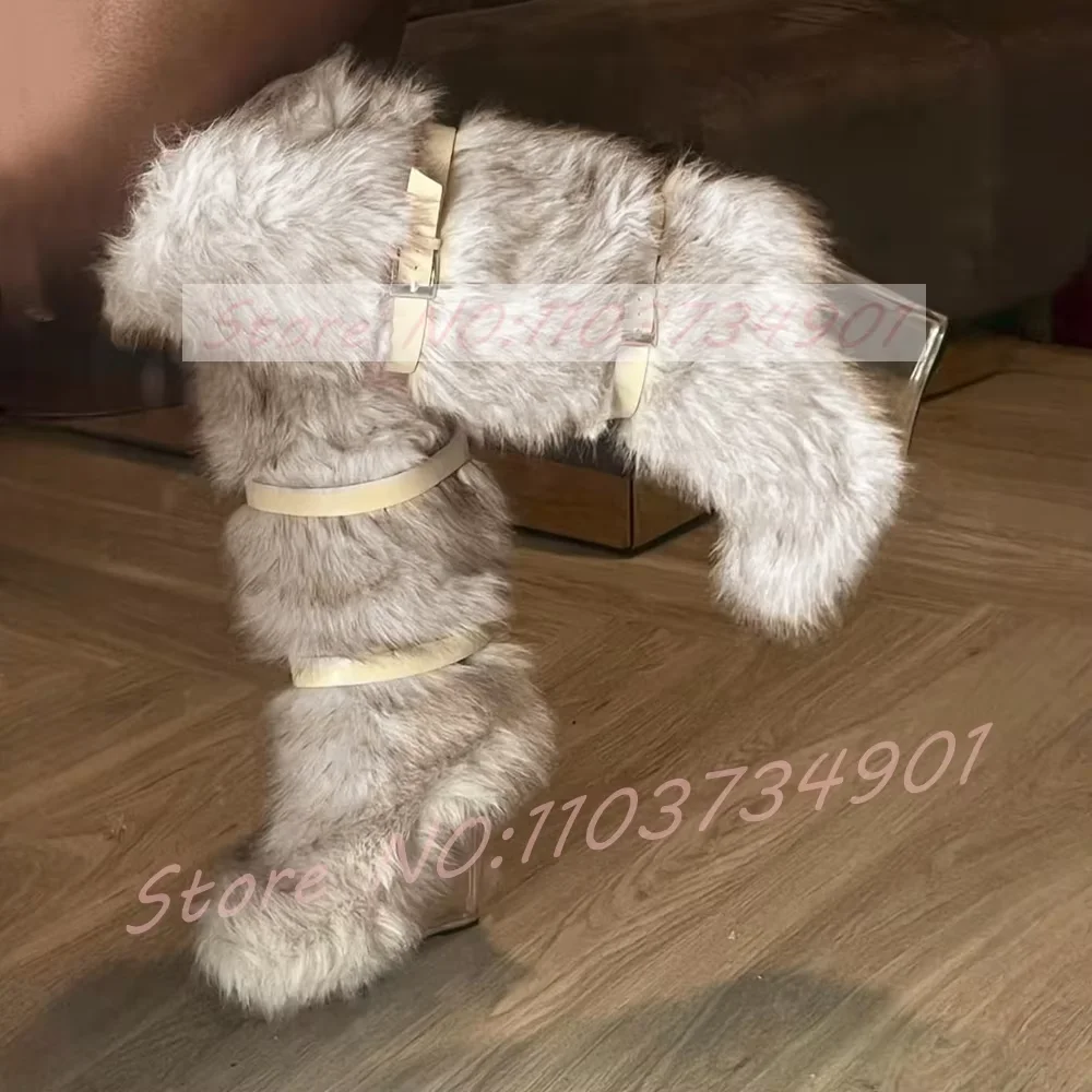 Winter Fur Clear Wedges Knee High Boots Women Fashion Warm Buckle Strap Catwalk Slip-On Boots Ladies Luxury Party Snow Boots