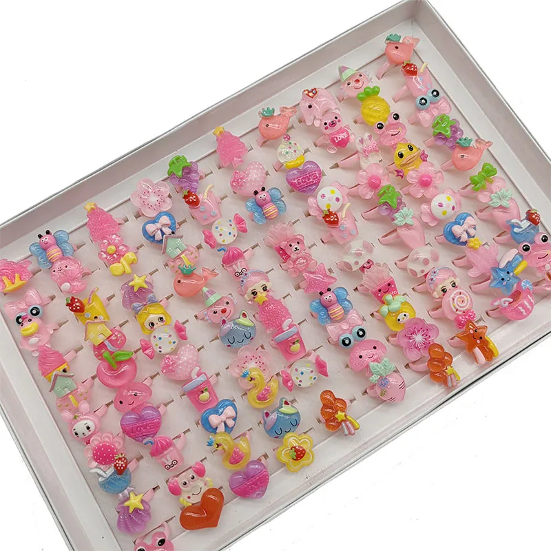 30/100/Lot Hot Mix Style Kids Finger Rings Open Adjust Design Children Ring Cosplay Jewelry Clear Animal Fruit Candy Girl Gifts