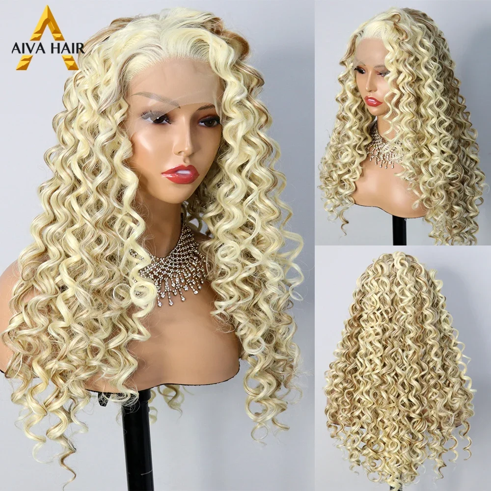 

AIVA Blonde Brown Color 13x4 Lace Front Culy 30 Inch Synthetic Wig New Cosplay Heat Resistant Gluess Wigs for Women Pre Plucked