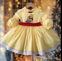 0-12Y Baby Girl Autumn Yellow Bear Embroidery Turkish Vintage Lolita Princess Ball Gown Dress for Birthday Holiday Eid