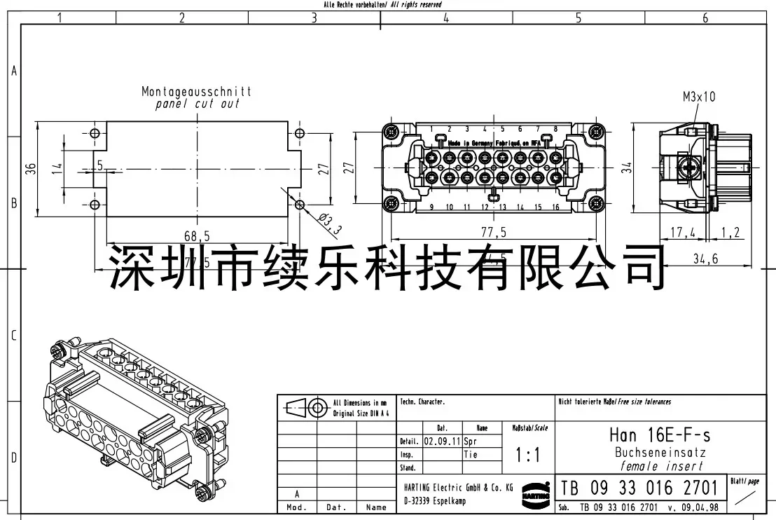HARTING 09330162701 16-pin Female Core Han-16E-F-s Harding, HARTING, Germany