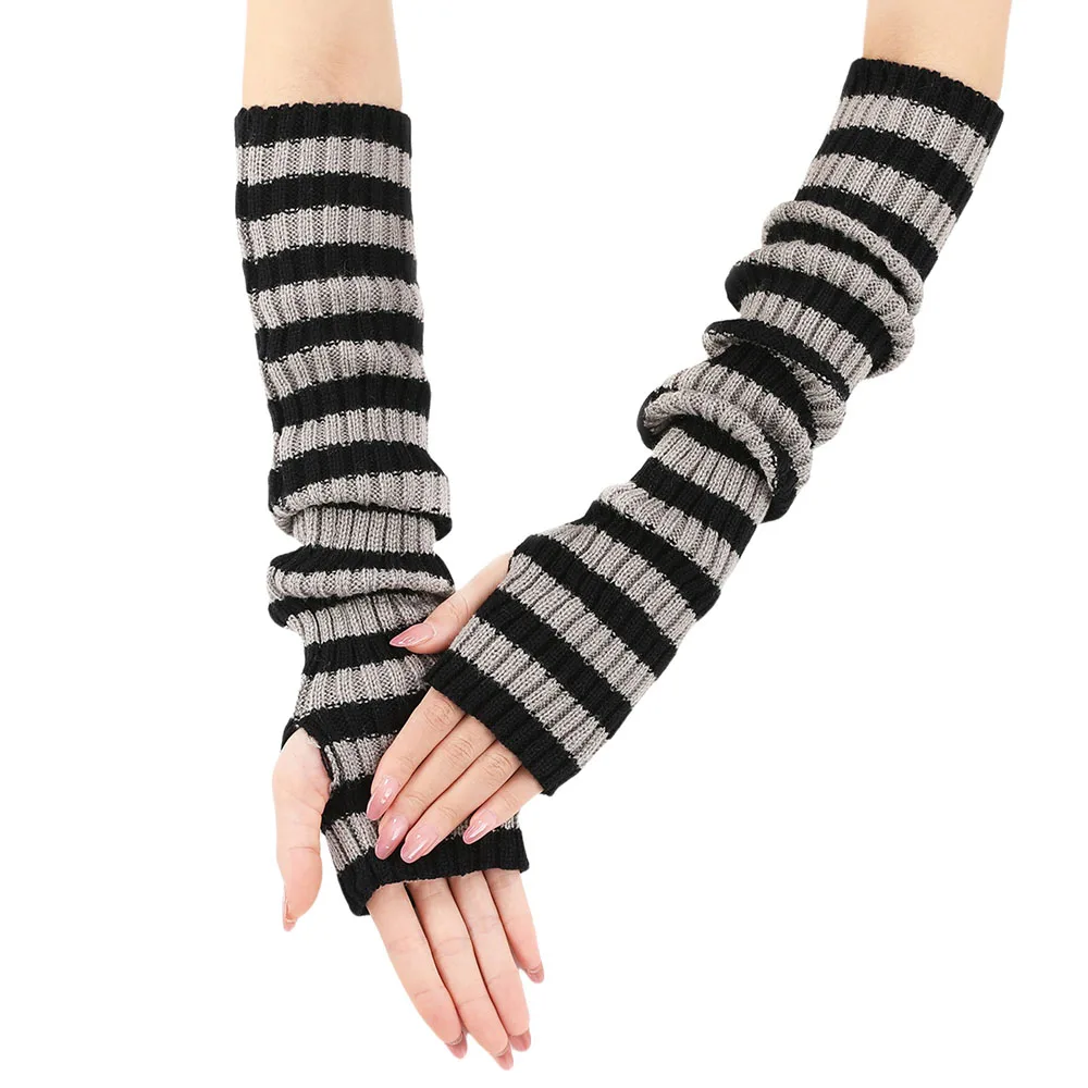 Black and White Striped Style Long Fingerless Gloves Women Winter Arm Warmer Knitted Arm Sleeve Casual Soft Girls Mittens