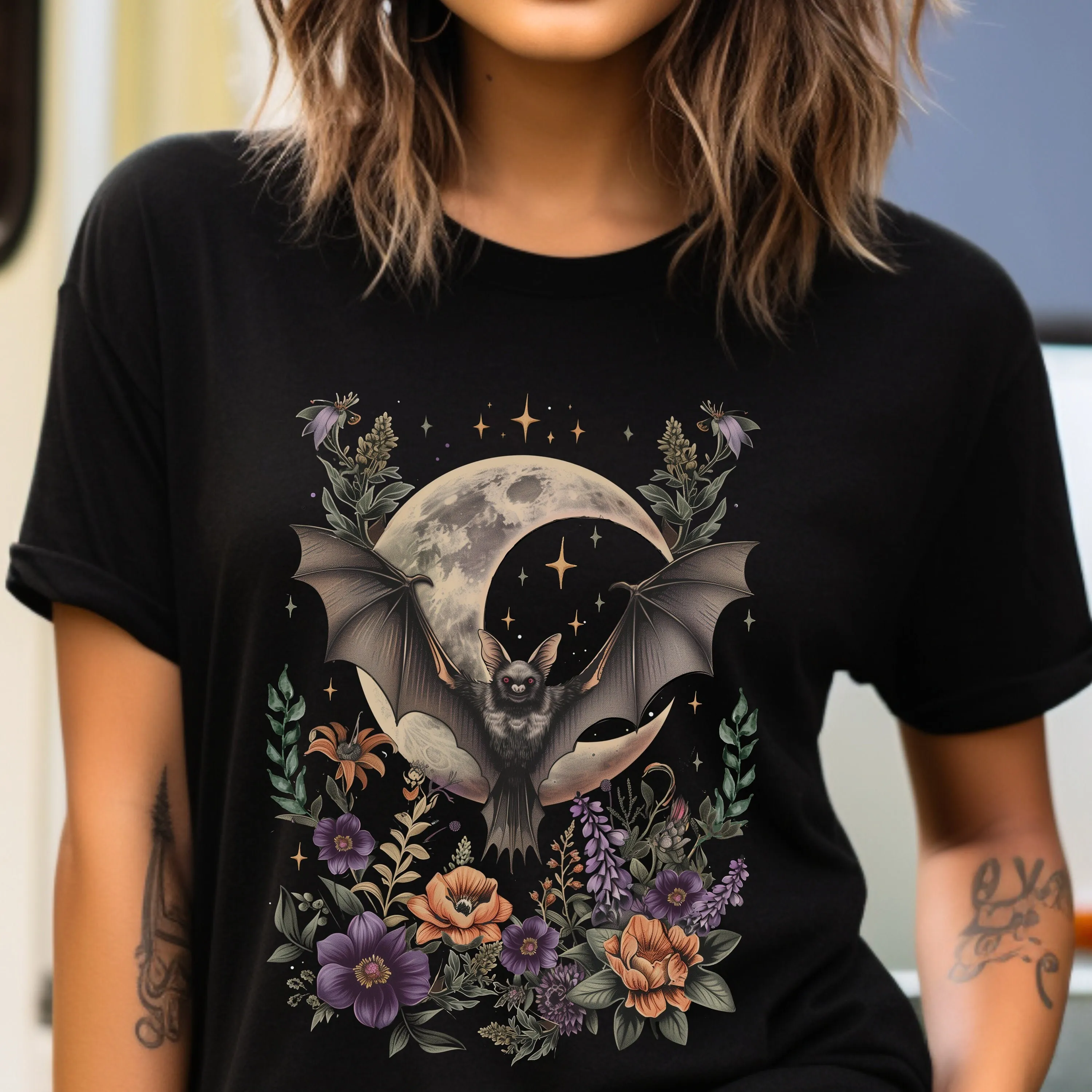 Whimsigoth Celestial Bat T Shirt Botanical Art Girl Crescent Moon