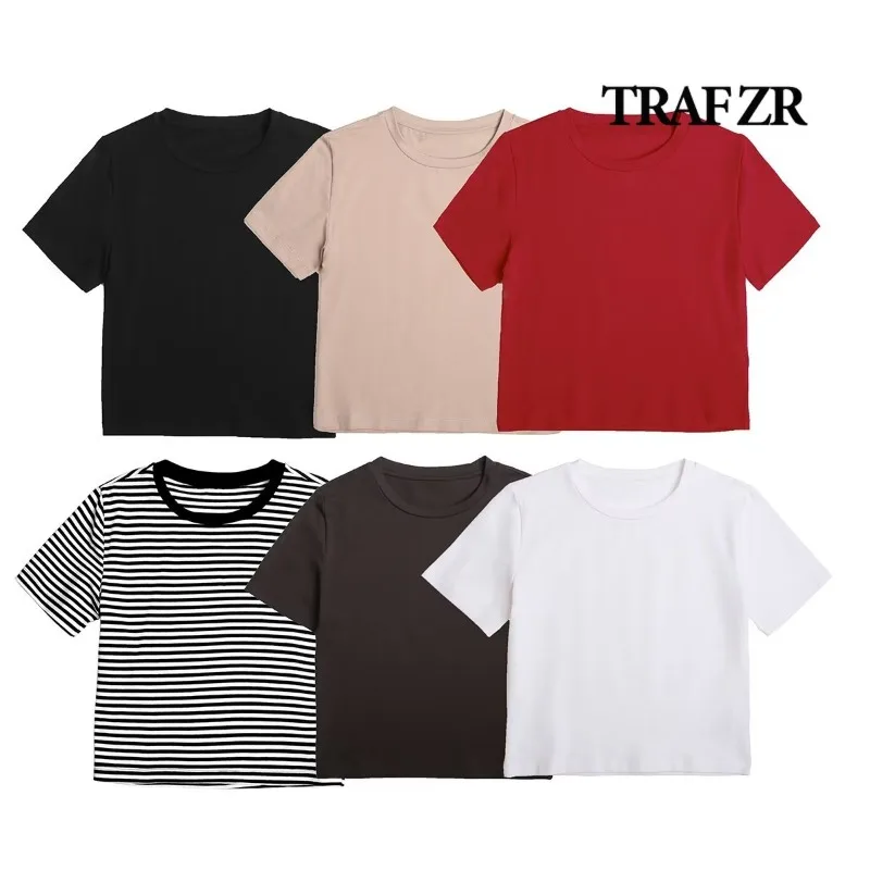 TRAF ZR Women\'s Tshirts Cotton T-shirts Tops for Summer 2024 Casual Y2k Fashion Short Sleeve Tee Top O-neck Shirt Tees Tshirt