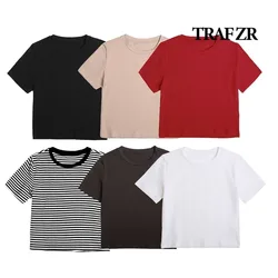 Traf-女性用zr半袖コットンTシャツ、ラウンドネックTシャツ、カジュアルトップ、y2kファッション、夏、2022