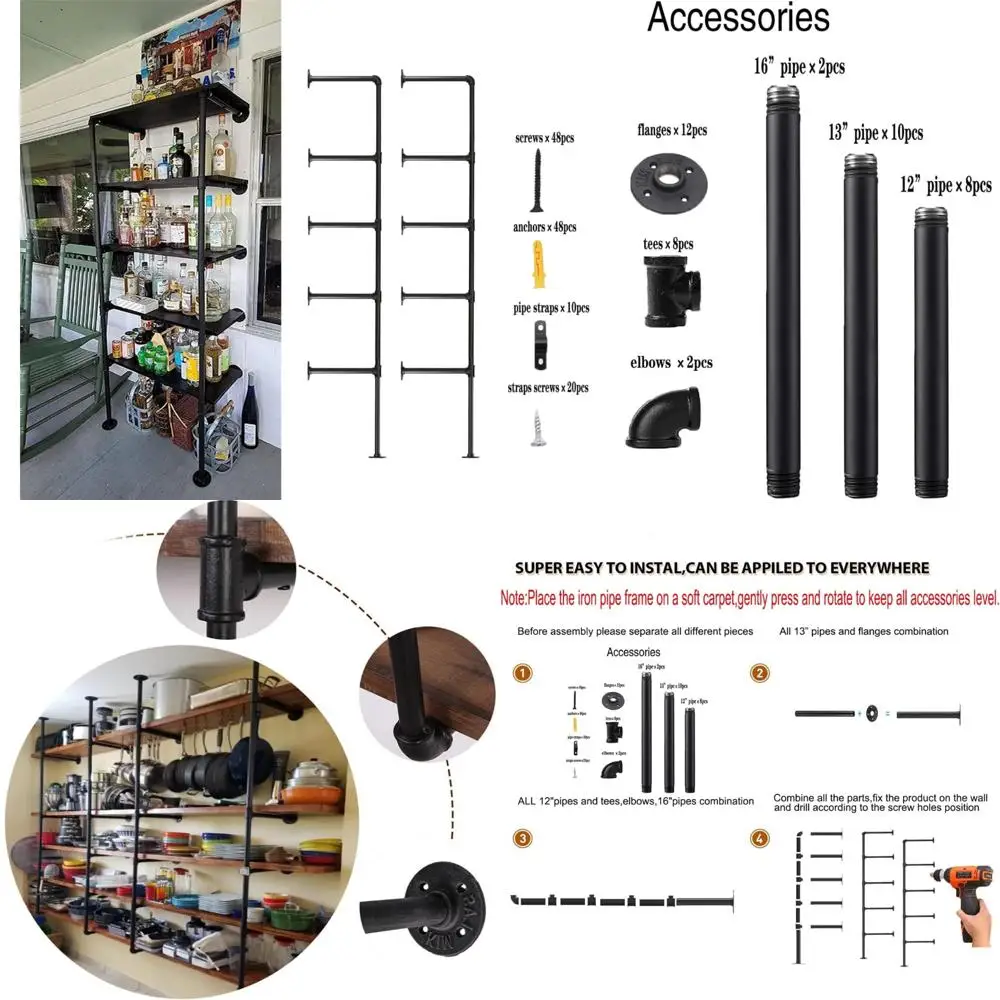 

Rustic DIY Iron Pipe Wall Shelf Brackets - Open Bookshelf Storage Solutions for Kitchen and Bathroom, Ceiling Mounted Shelves