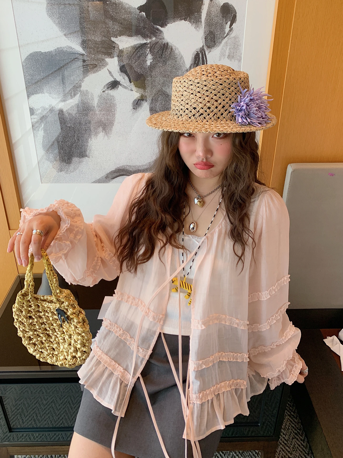 대형 스위트 프릴 얇은 여성 긴 소매 선 스크린 셔츠 여름 v 넥 레이스 업 느슨한 다목적 연령 감소 한국 탑