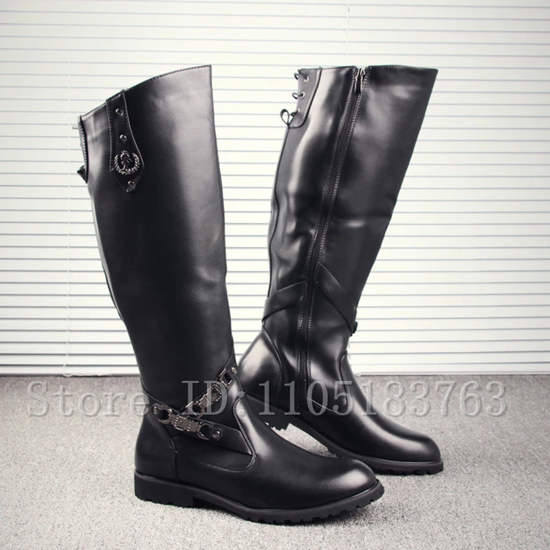 Winter New Men Black Pu Leather Long Boots British Retro Metal Decor Back Lace Up Belt Buckle Motorcycle Riding Boots
