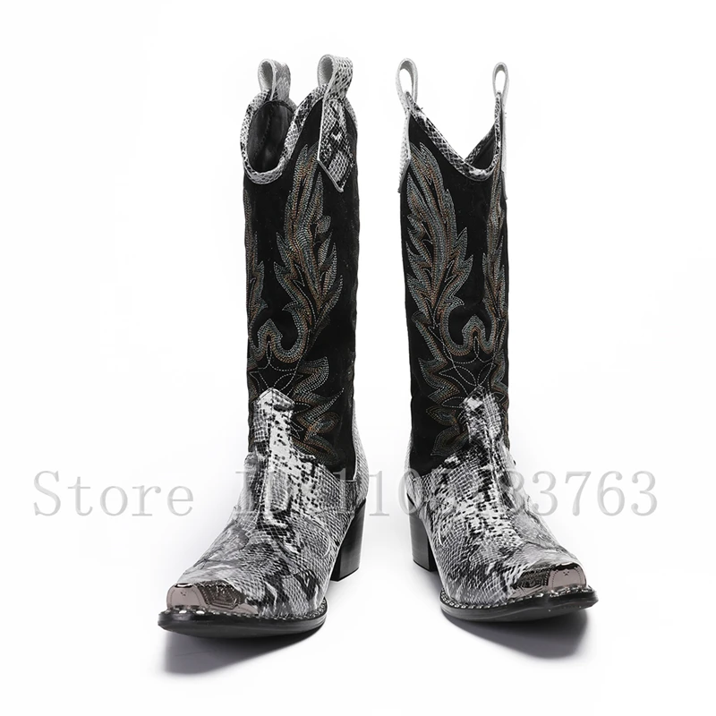 Men's Metal Toe Western Cowboy Boots Luxury Handmade Snake Print & Suede Embroidery Patchwork Chunky Block Heel Mid-Calf Boots