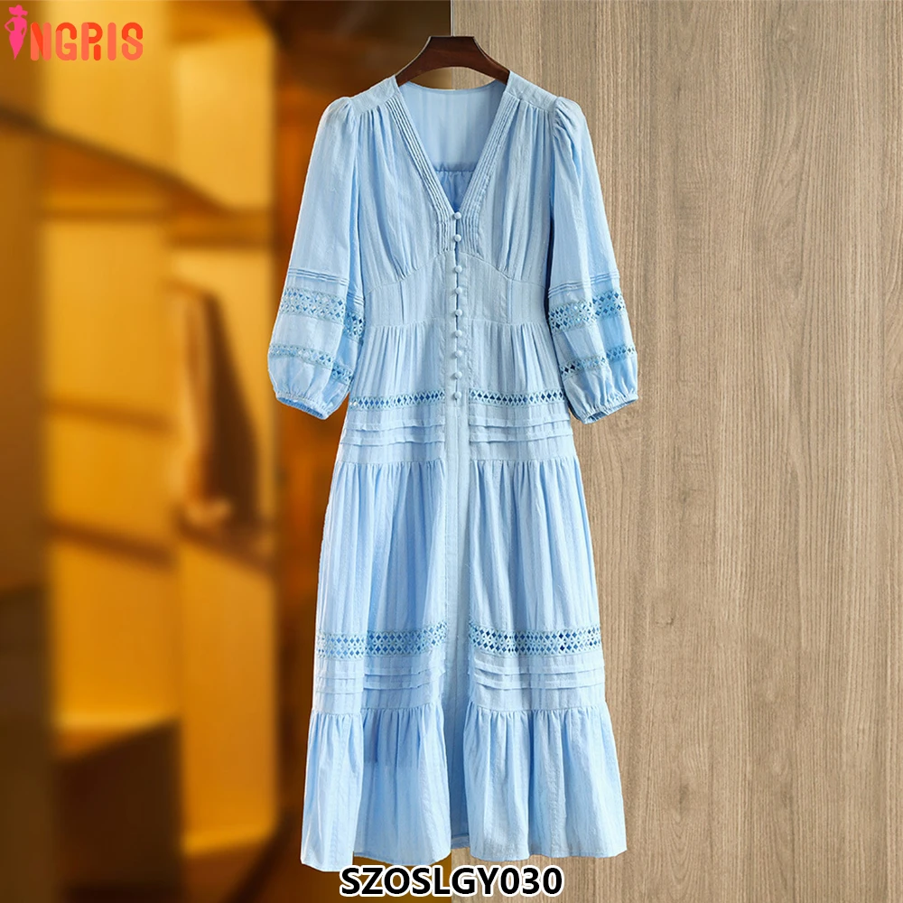 

2025 French style bubble half sleeve lace splicing long skirt cool small v-neck fashionable casual summer dress-SZOSLGY030