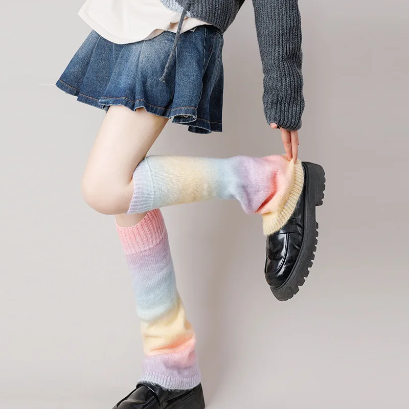 Fashion Gradient Boot Cuffs Japanese Knitted Pile Socks Rainbow Color Wool Over Knee Socks Christmas Fashion Women Ankle Warmer