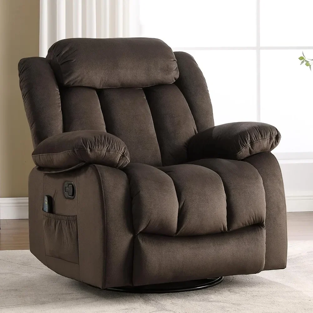 Massage Swivel Rocker Recliner with Heat and Vibration, Comfy Padded Overstuffed Heated Recliner with Short Plush Fabric