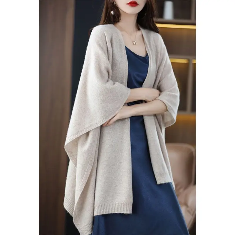 Shawl Cape Sweater Cardigan Women's 2024 Spring and Autumn New Style Outerwear Loose Knit Sweater Jacket Medium Long Style