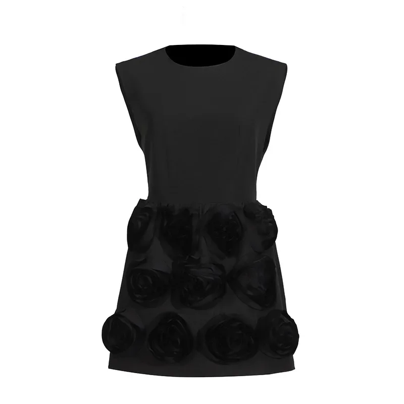 French Style Small Waist Slimming Sleeveless Round Neck Short Skirt 2024 New Style Splicing Flower Design Short Dress