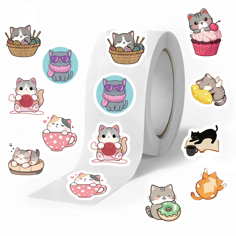 500PCS/Roll Cartoon Cat Roll Stickers DlY Holiday Party Guitar Phone Decoration Label Stationery Stickers Animal Decal Kid Toys