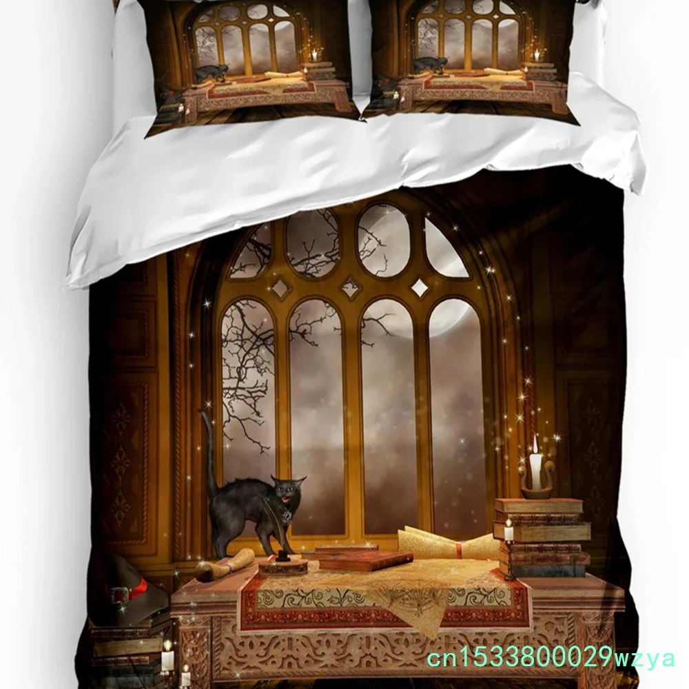 Castle Window Desk Moon Cat Book Witch Room Duvet Cover 3pcs Bedding Set Home Textile Quilt Cover Pillowcases No Sheet