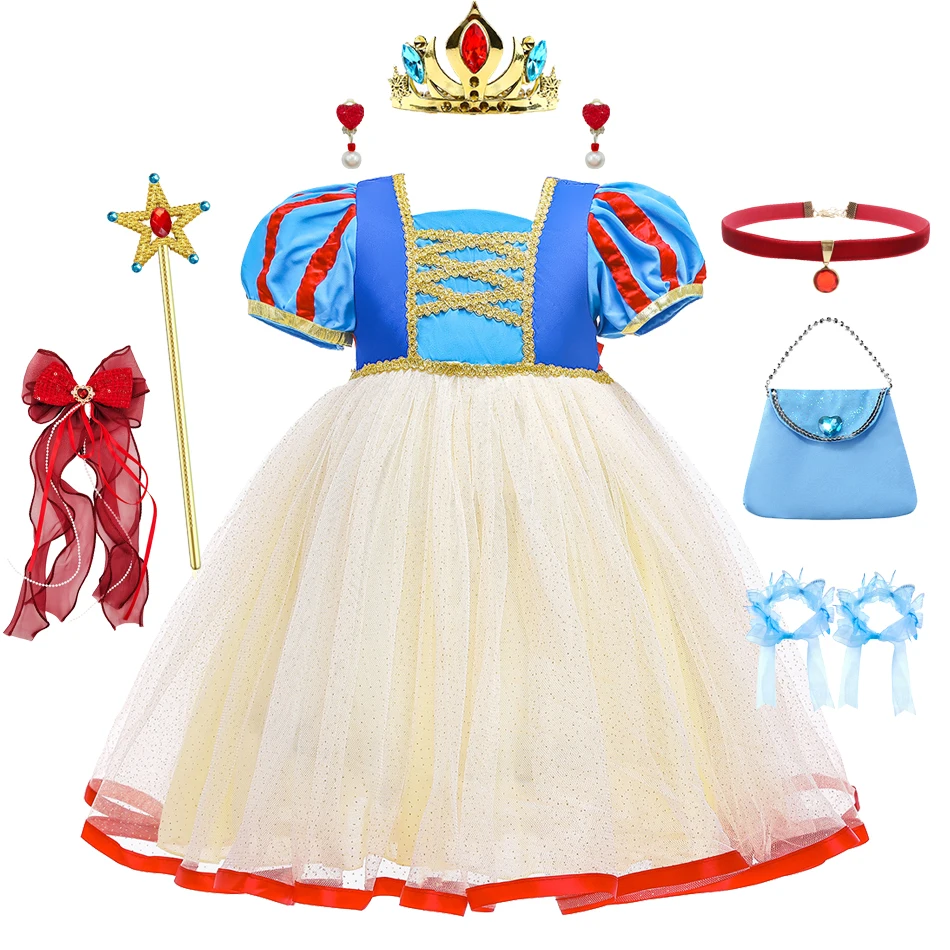 Girls Summer Snow White Dress with Puff Sleeves Mesh Skirt Complete Costume Set with Accessories for Birthday Party Daliywear