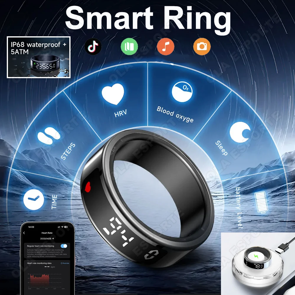 

Smart Ring With Charging Case 5ATM Waterproof Sleep Heart Rate Health Monitoring Fitness Rings Multiple Sports Modes Pedometer