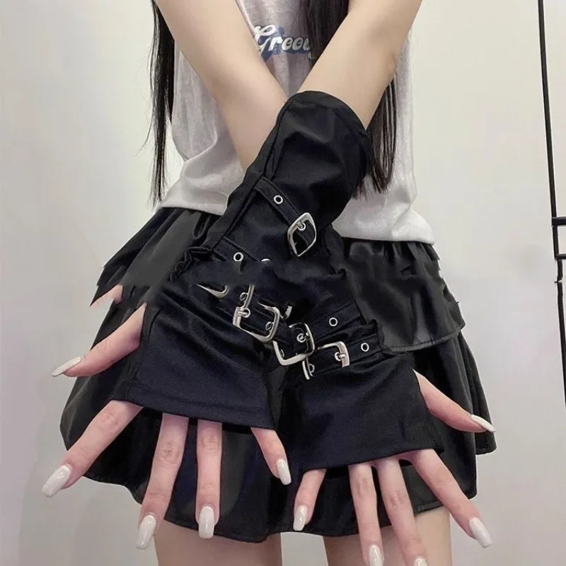 Guanti senza dita da donna stile punk con fibbia personalizzata Y2K Maniche da ballo di strada per performance sul palco stile hip hop Luo