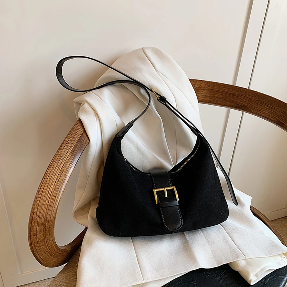 حقيبة كتف نسائية من جلد الغزال بحزام قابل للتعديل حقيبة كروس على شكل هلال حقيبة بمقبض علوي للسفر في العمل #4