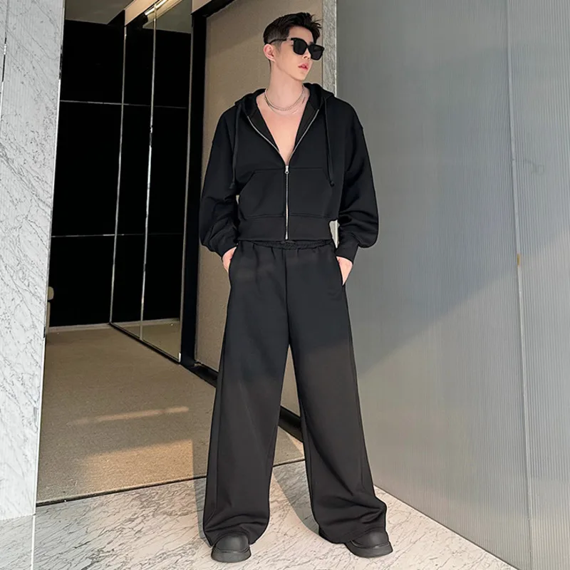 IEFB Niche Design Male Two-piece Set Back Hollow Out Splicing Zipper Sweatshirt Elastic Waist Wide Leg Sweatpants Autumn 9C5068