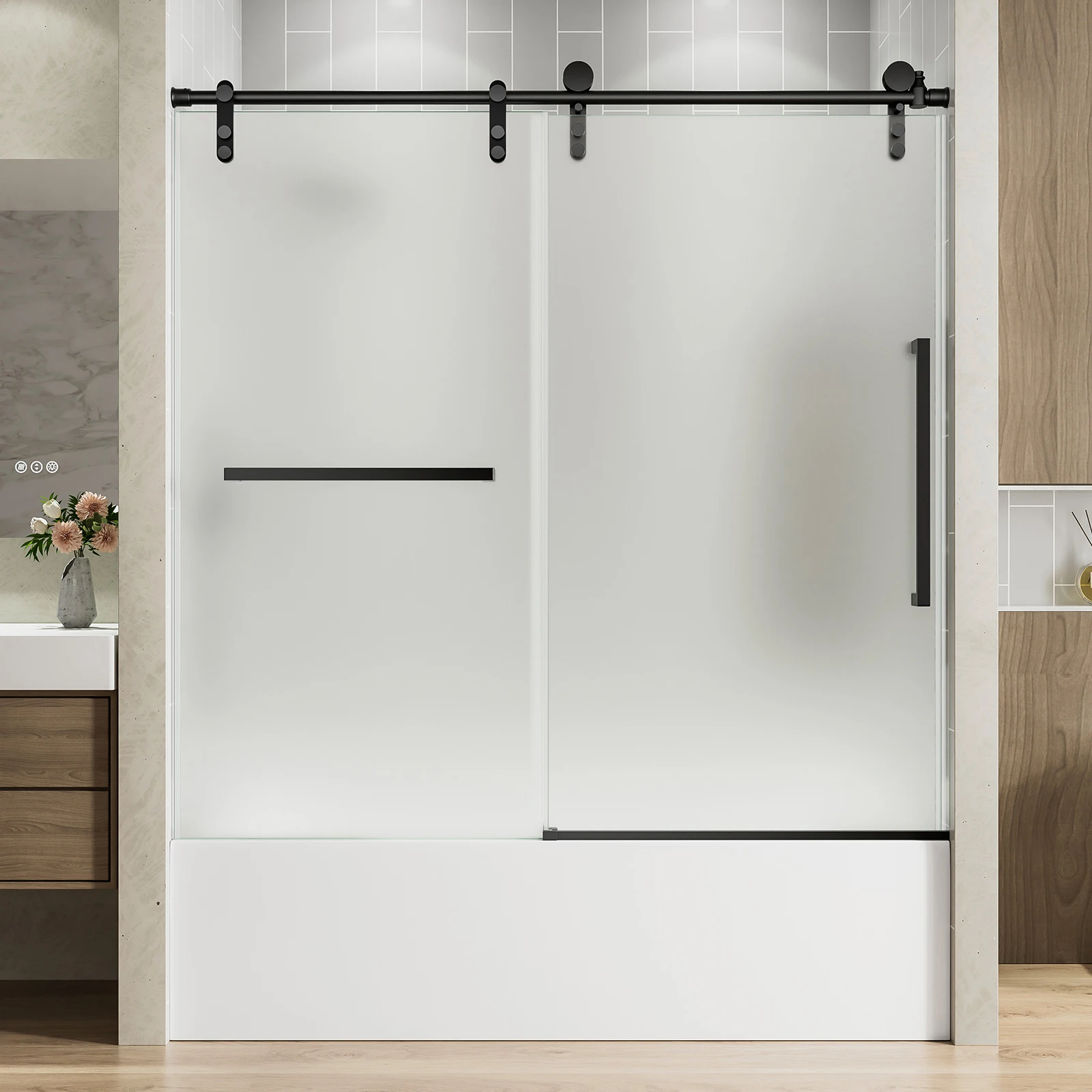 

Adjustable 56~60"W×75"H Frameless Shower Enclosure, Frosted Tempered Glass with Nano Coating, 4-Inch Cuttable Rail, Reversible Installation