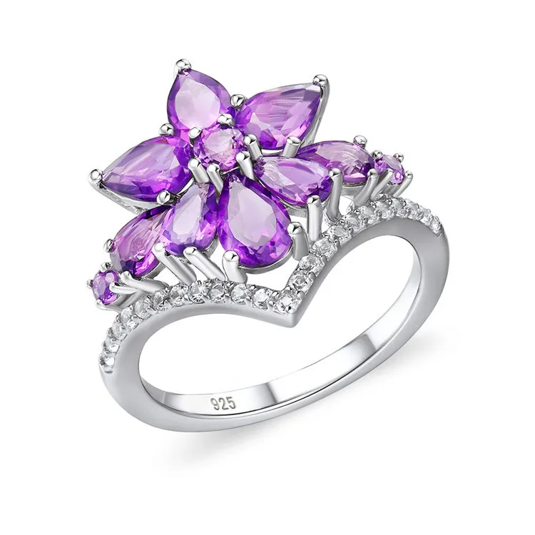 GZ ZONGFA Fashionable Snowflake-Design Natural Amethyst and Opal 925 Sterling Silver Ring  Bespoke jewellery, exquisite ladies
