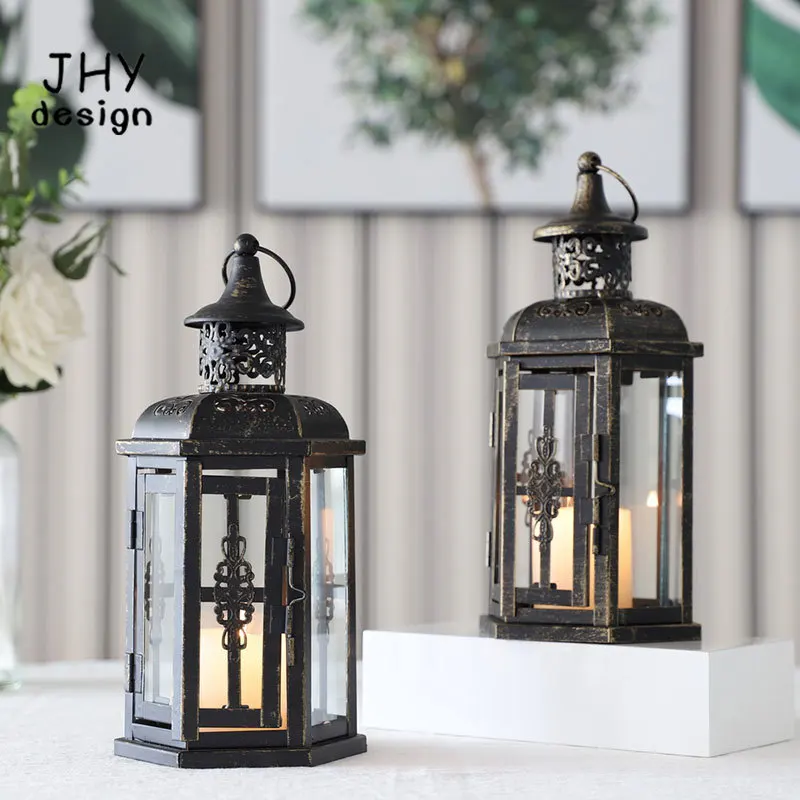 Set of 2 Decorative Lanterns -10 inch High Vintage Style Hanging Lantern Metal Candleholder Black with Gold Brush