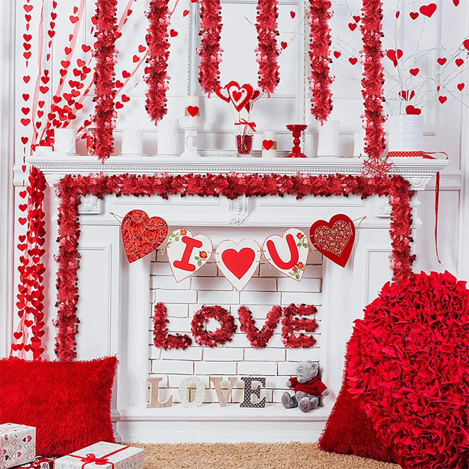 Valentine\'s Day Tinsel Garland White Red and Pink Twist Garland for Valentine Wedding Birthday Indoor Outdoor Party Decorations