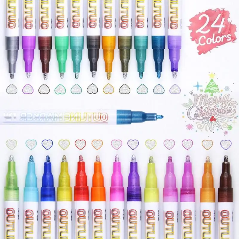

24 colors double line outline pens Glitter markers Christmas card craft pens art writing birthday wishes scrapbook drawing
