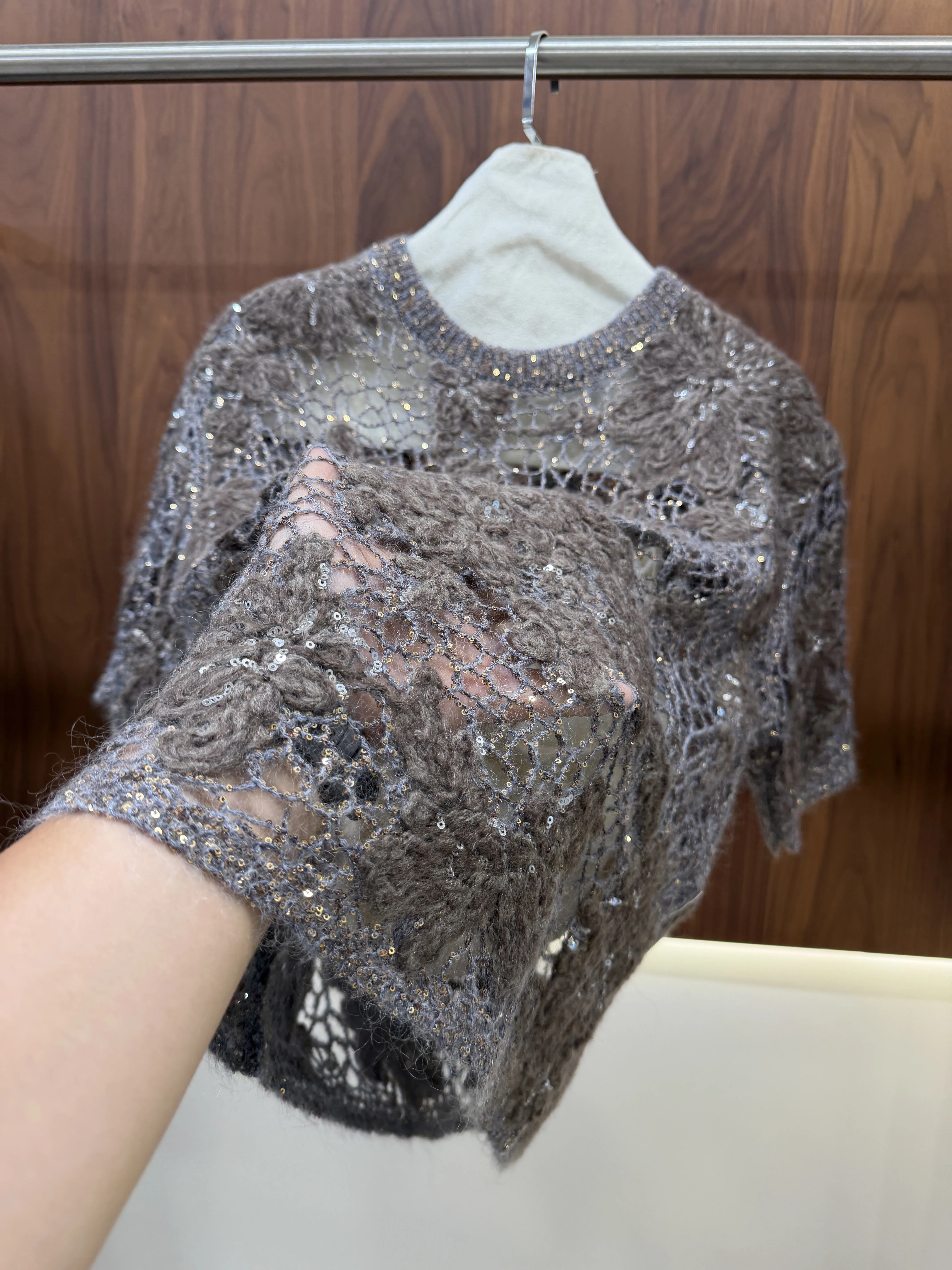 Women's Autumn Wool Openwork Short-Sleeve Top