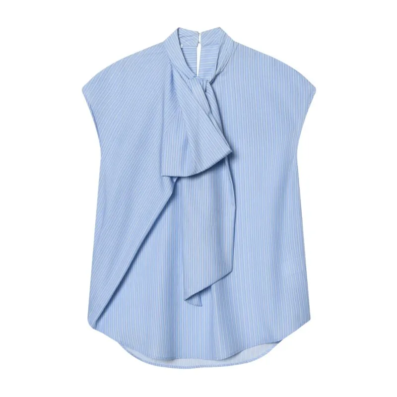 

Женская полосатая блузка с бантом, весенне-летняя, повседневная, с круглым вырезом, без рукавов, с асимметричным подолом, модная свободная женская блузка