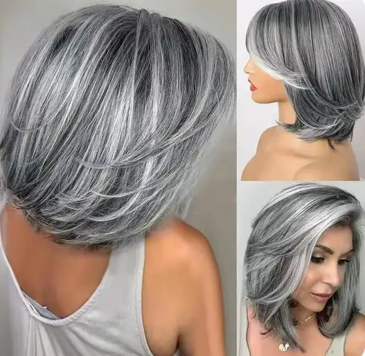 Silver Wig Grey Ombre Women's Wig with Curtain Bangs Synthetic Highlights Grey Bob Short Hair Silver Multi Layered Wig with Bang