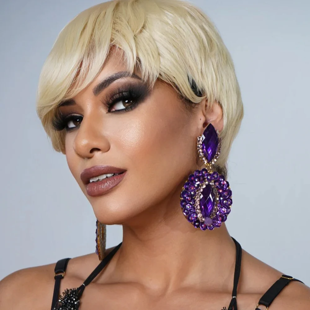 Orecchini pendenti grandi in cristallo viola di lusso accessori donna dichiarazione Drag Queen orecchini geometrici con strass gioielli per feste