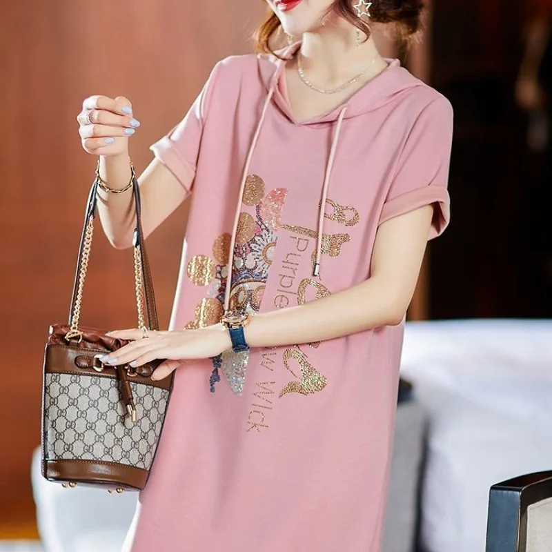 Eenvoud Casual zomer dames effen kleur capuchon diamanten mode Koreaanse veelzijdige split losse midi-jurk met korte mouwen