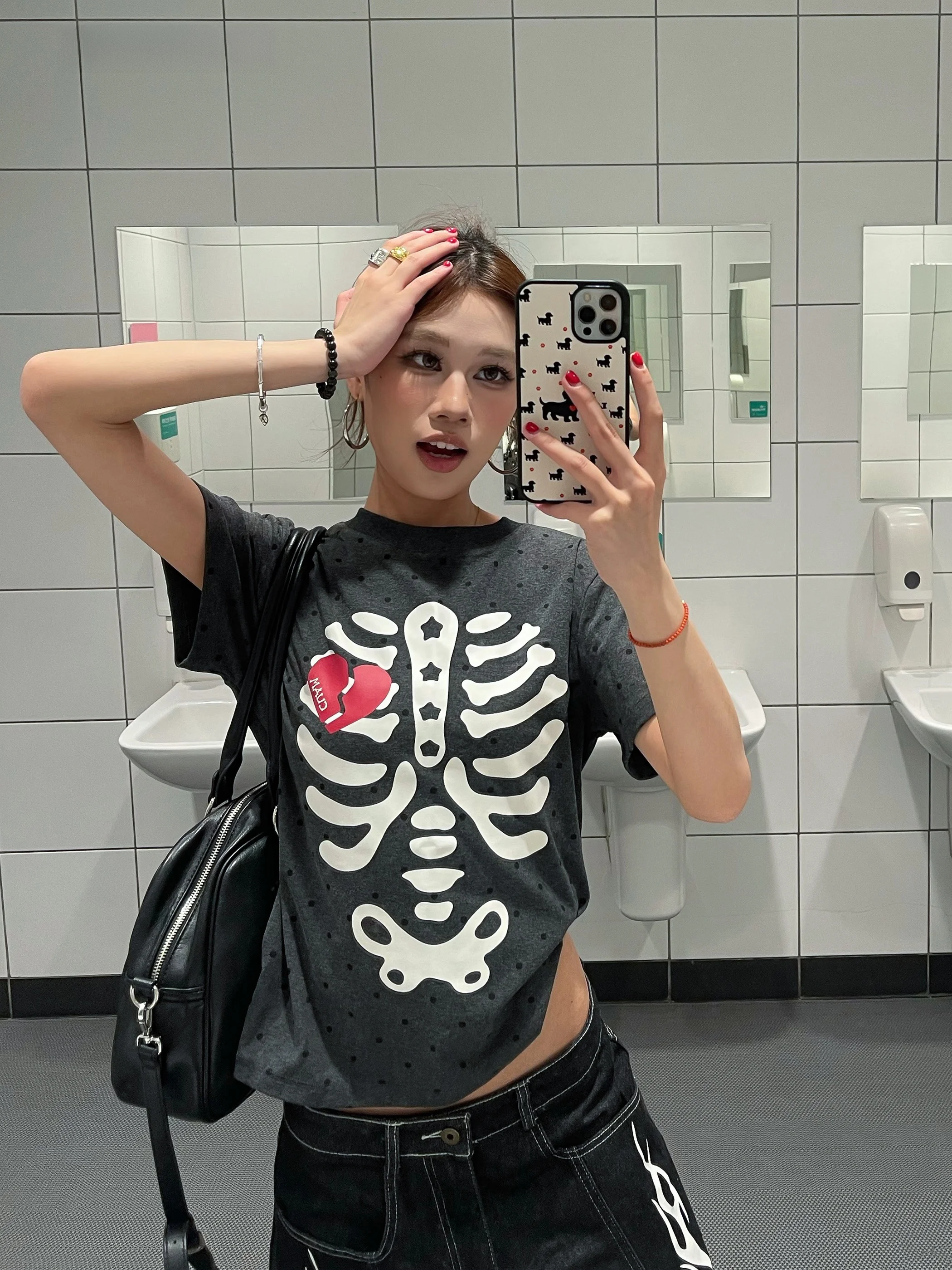 

American Style Skeleton Print Short Sleeve T-Shirt Women Summer Short Length Slimming Sexy Polka Dot Top Breathable Cotton Blend