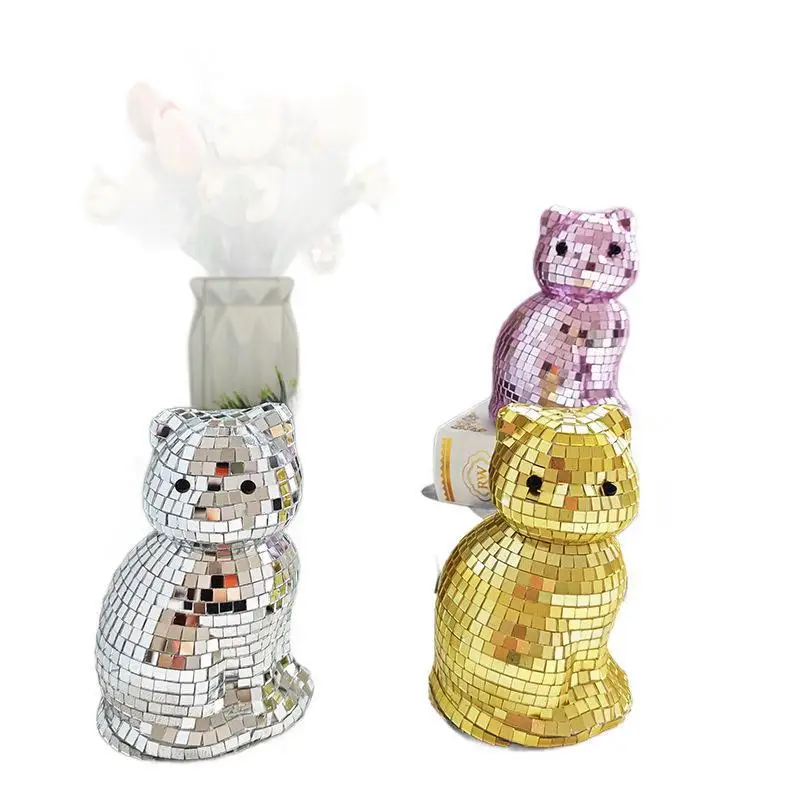 Niedliche Katzen-Discokugel-Skulptur, kreatives, funkelndes, spiegelndes Dekorationsobjekt für Zuhause, Partys, Neujahrsdekoration, Geschenk – Detail 5