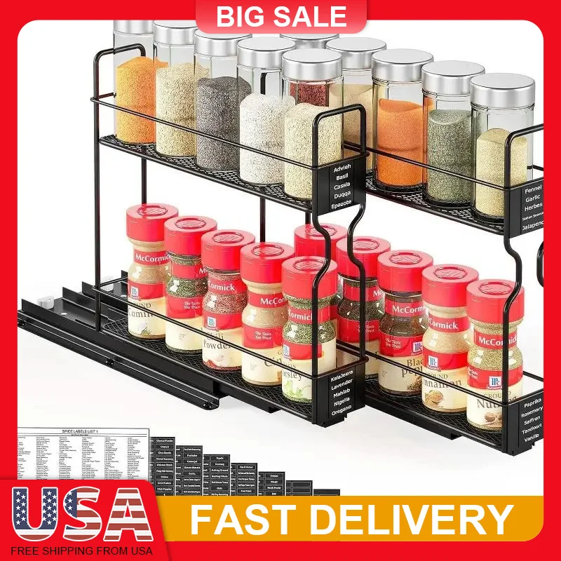 

2 Tier Pull Out Spice Rack Organizer for Cabinet with 415 Labels 2 Drawers Space Saving Kitchen Storage Easy Install