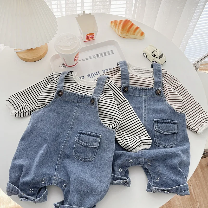 

2025 Autumn Baby Girls Boys Infant Casual Suspender Jeans Pant and Stripe T-shirts
