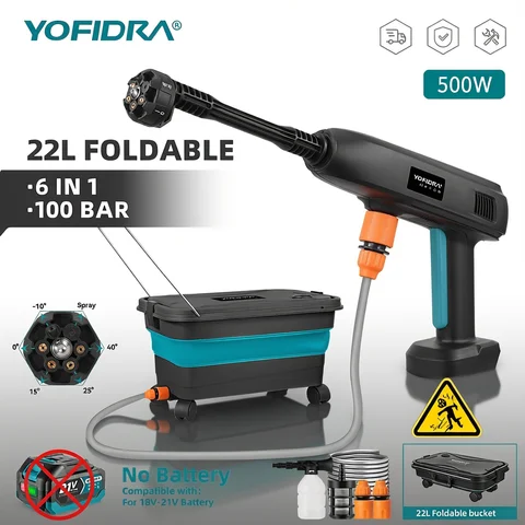 YOFIDRA 100Bar Electric High Pressure Car Washer 500W Home Water Spray Gun With 22L Foldable Water Bucket For Makita Battery Pin