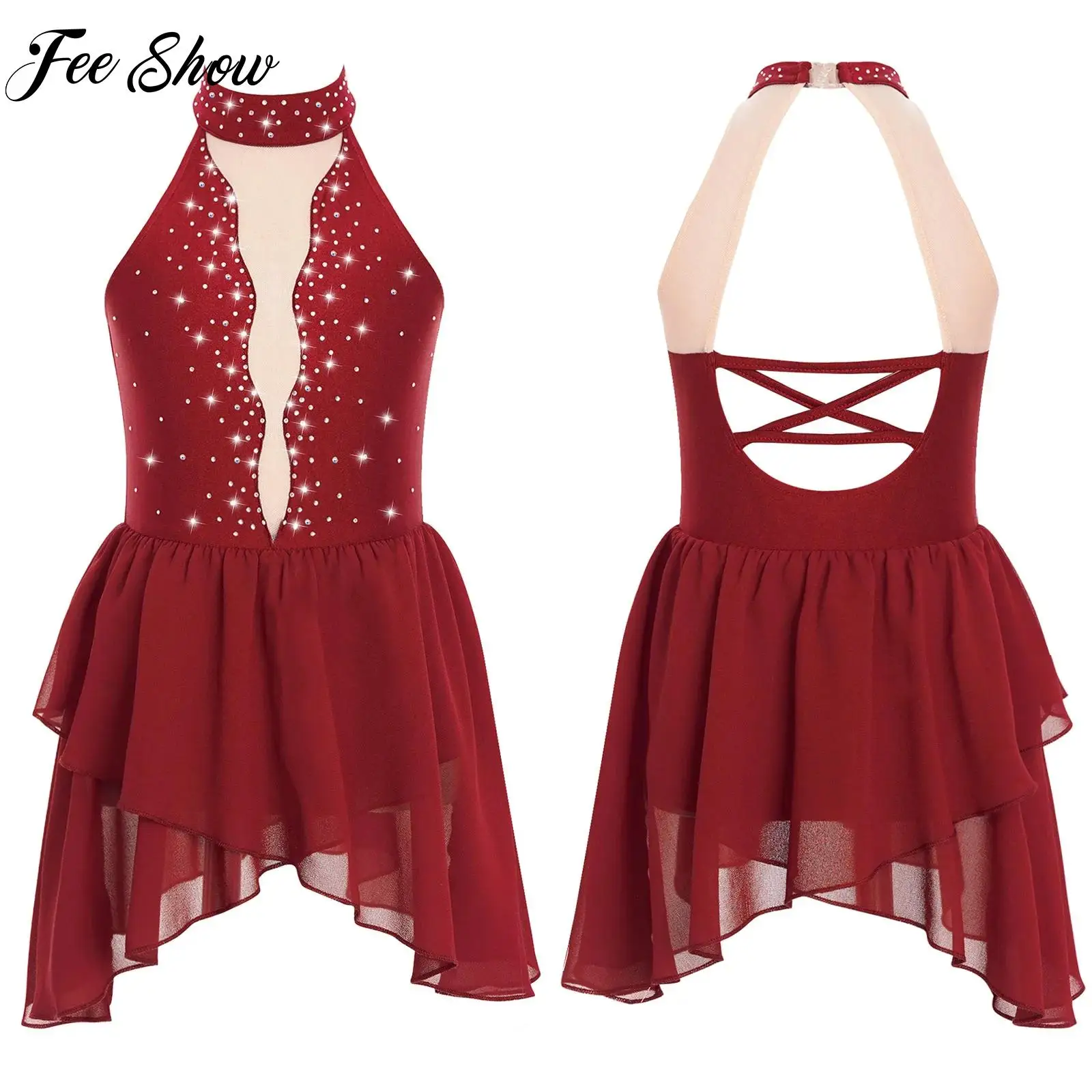 

Girls Shinny Rhinestone Lyrical Dance Dress Kids Modern Dance Skating Performance Costume Sheer Mesh Sleeveless Open Back Dress