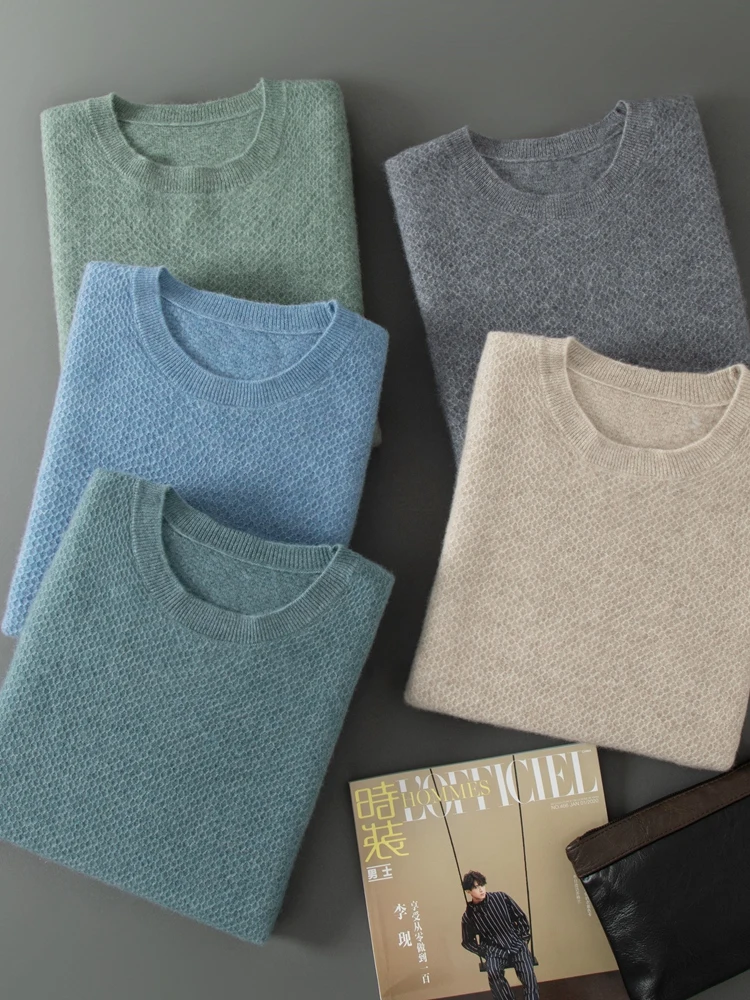 

New Spring Summer 100% Cashmere Men's Sweater O-Neck Short Sleeve Shirt honeycomb Pattern Loose Knitted Pullover Man Clothes
